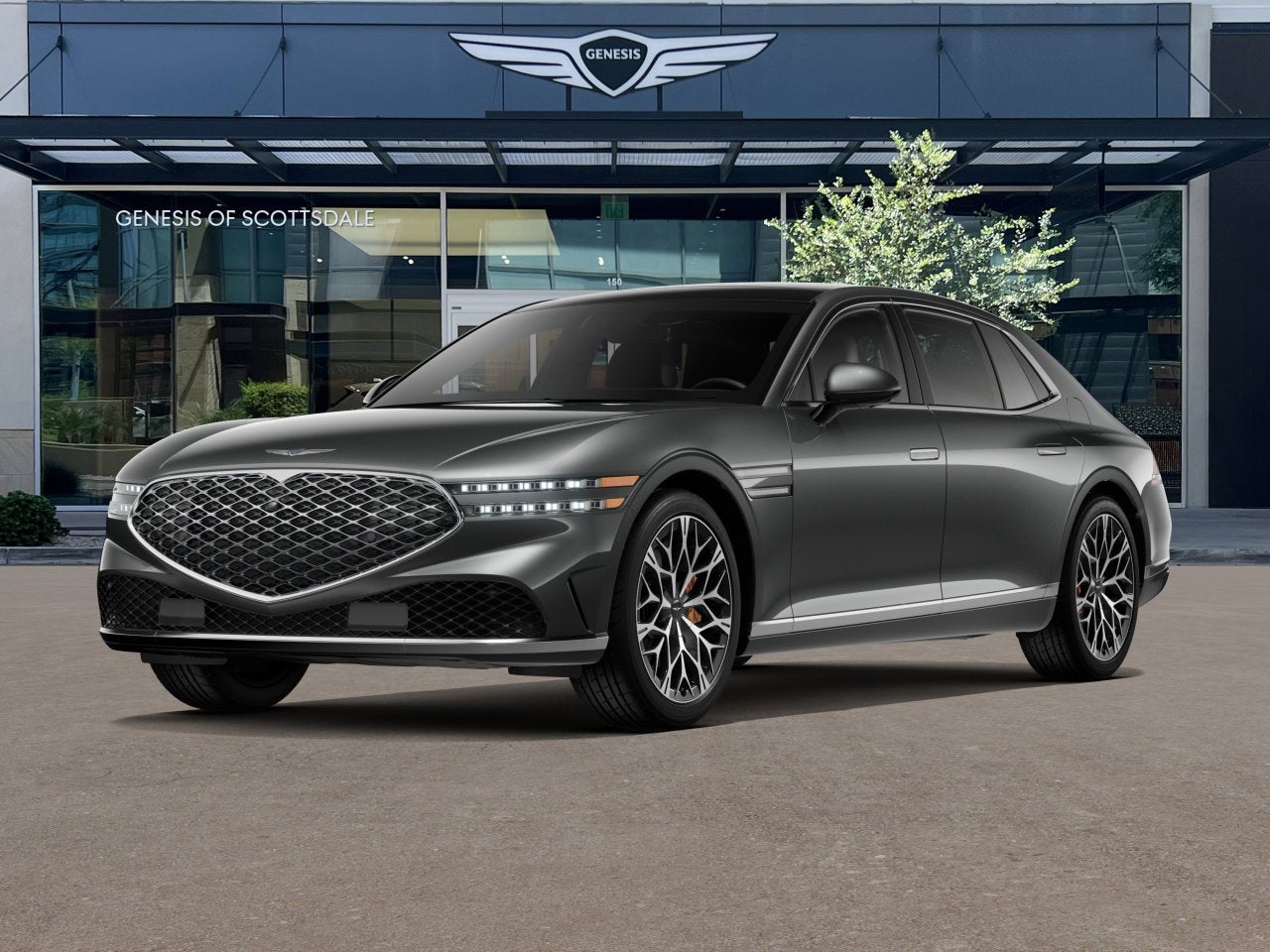 2026 Genesis G90 3.5T E-SC MHEV in Makalu Gray — front three-quarter view