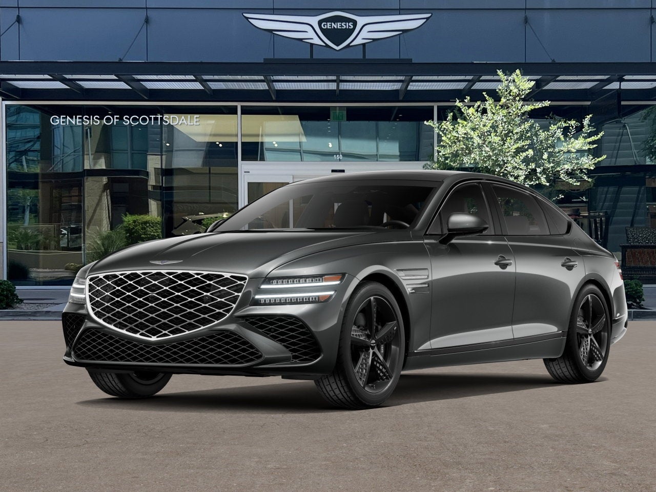 2026 Genesis G80 3.5T SPORT PRESTIGE in Makalu Gray — front three-quarter view