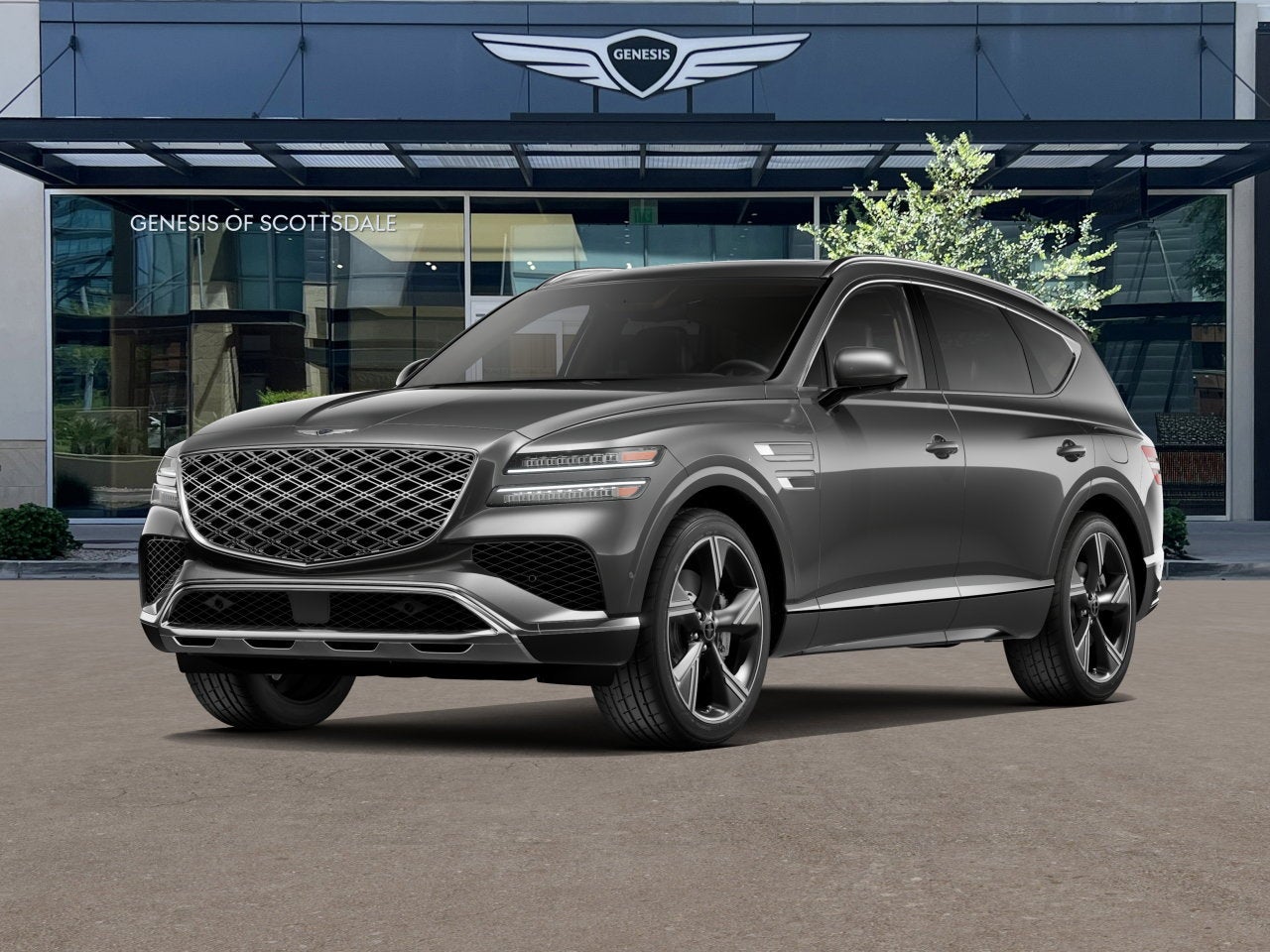 2026 Genesis GV80 3.5T PRESTIGE in Makalu Gray — front three-quarter view