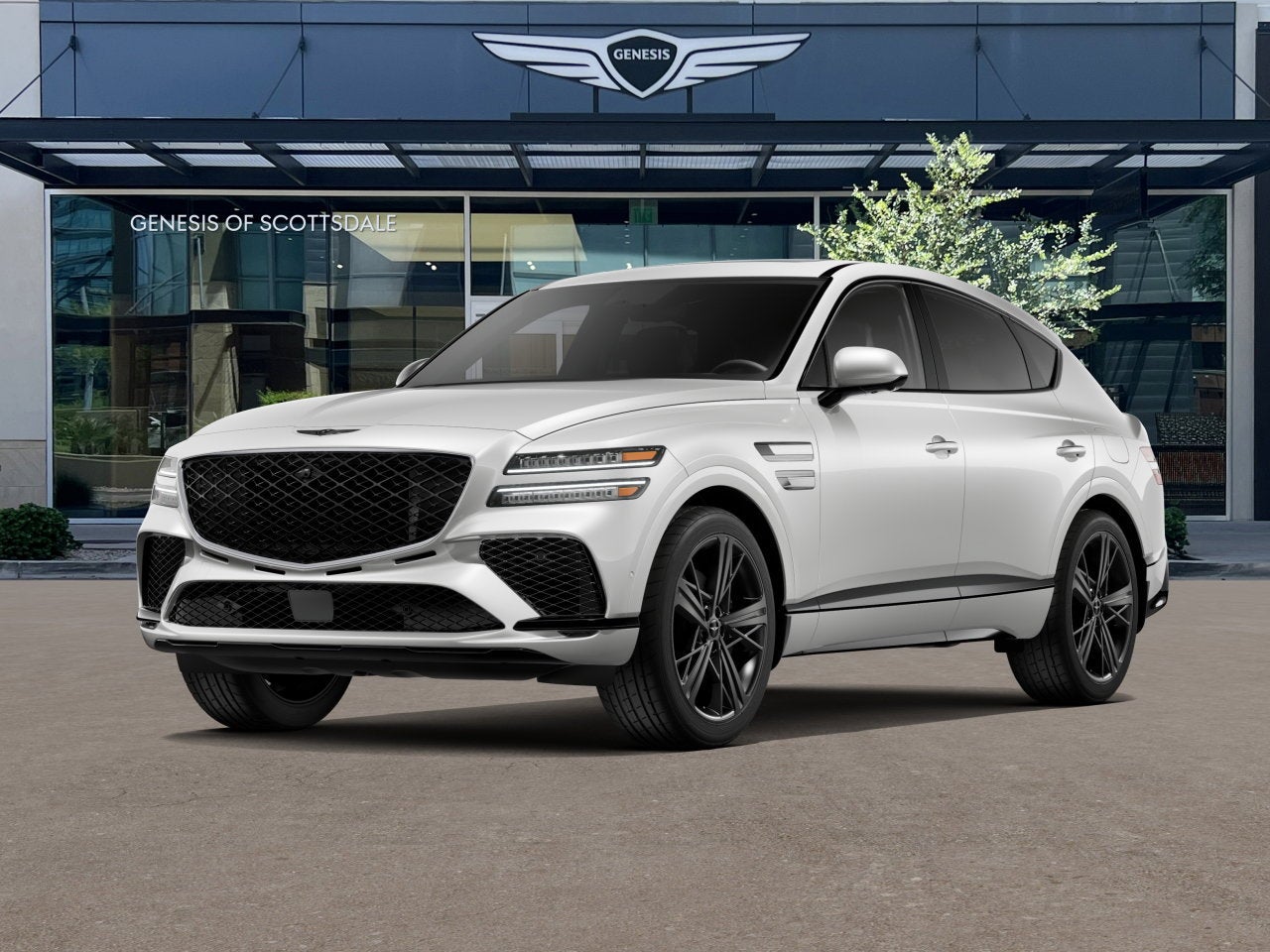 2026 Genesis GV80 Coupe 3.5T E-SC MHEV PRESTIGE BLACK in Uyuni White — front three-quarter view
